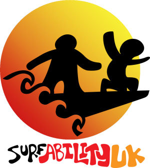 The logo of Surfability UK CIC showing a participant and a coach tandem surfing