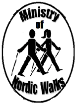 Oval image with two Nordic walkers male and female walking left to right Text above and below