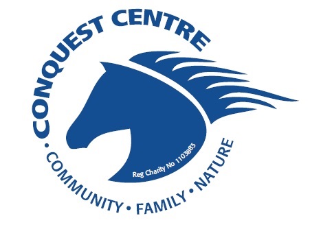 Conquest logo. Horse Head, COMMUNITY-FAMILY-NATURE