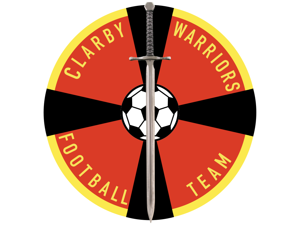 The club badge resembles a red shield bordered in yellow with a football at the centre of a black cross on the shield and a sword overlain in a vertical position. 