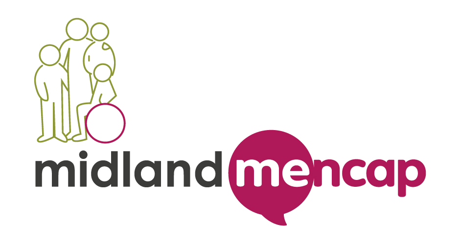 A drawn image of a four people with different needs over the  top of the Midland Mencap worded logo.  