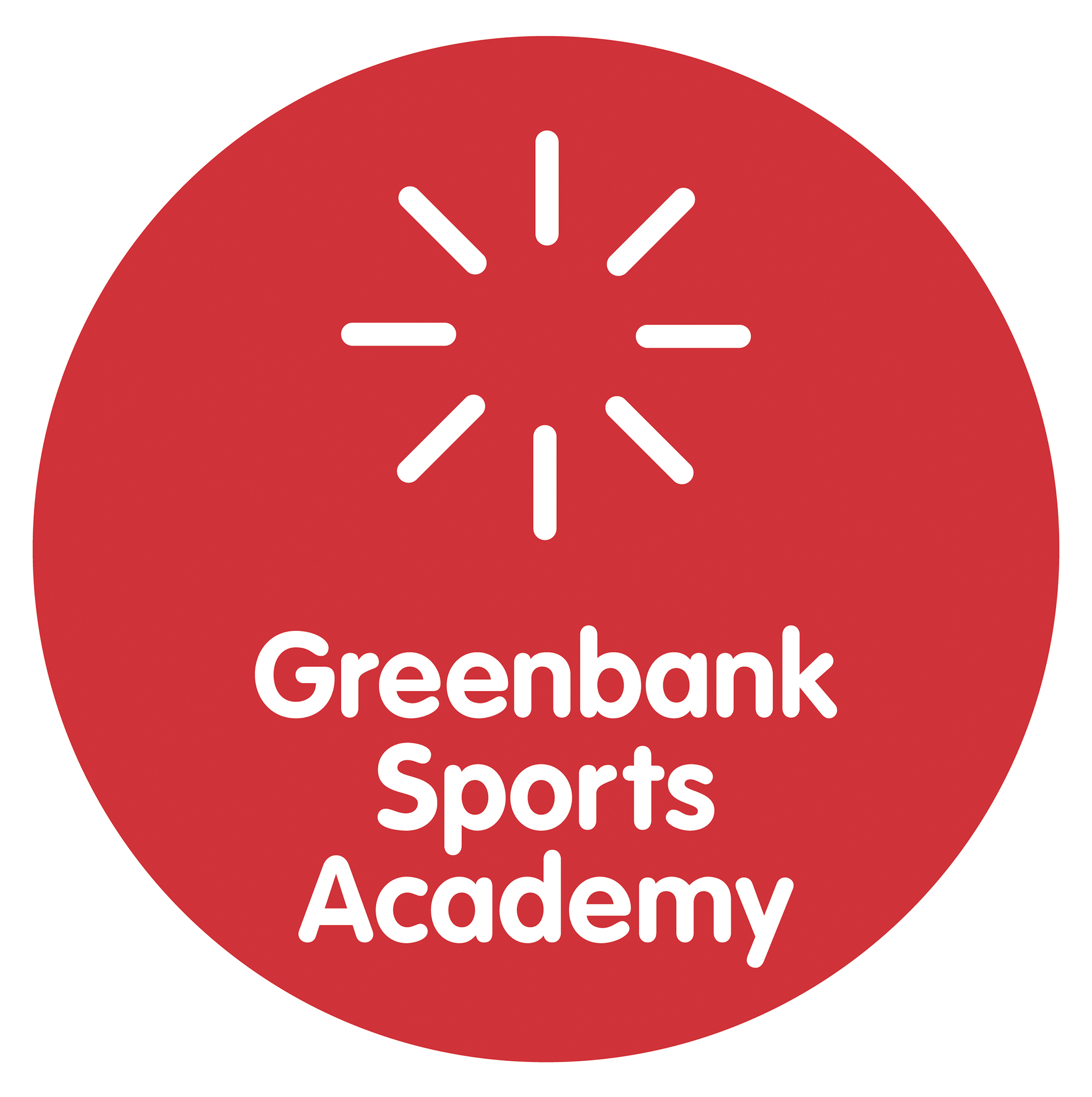 Circular logo in red with white letter inside reading greenbank sports academy