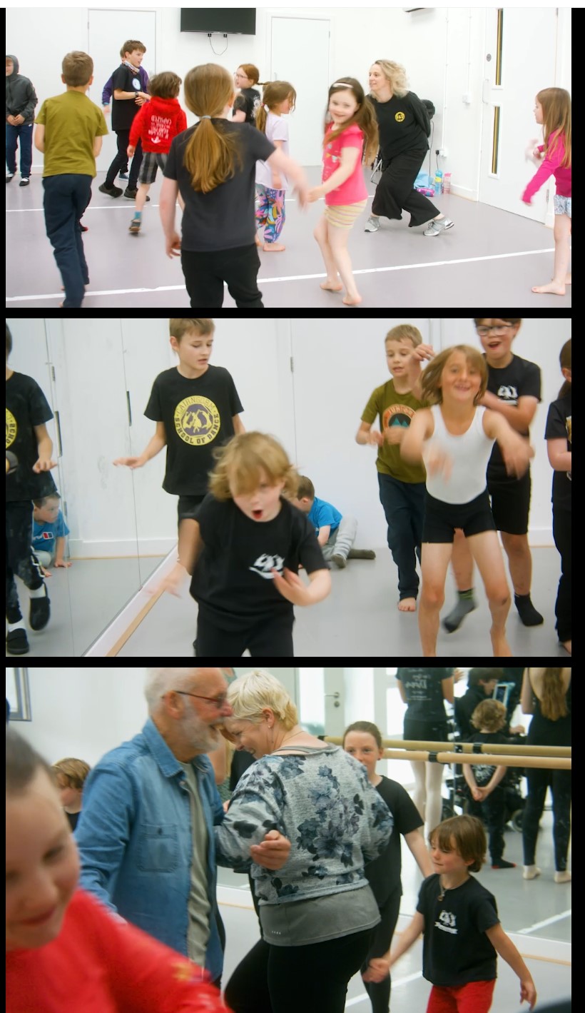 triptic panel showing a range of participants taking part in an inclusive dance class