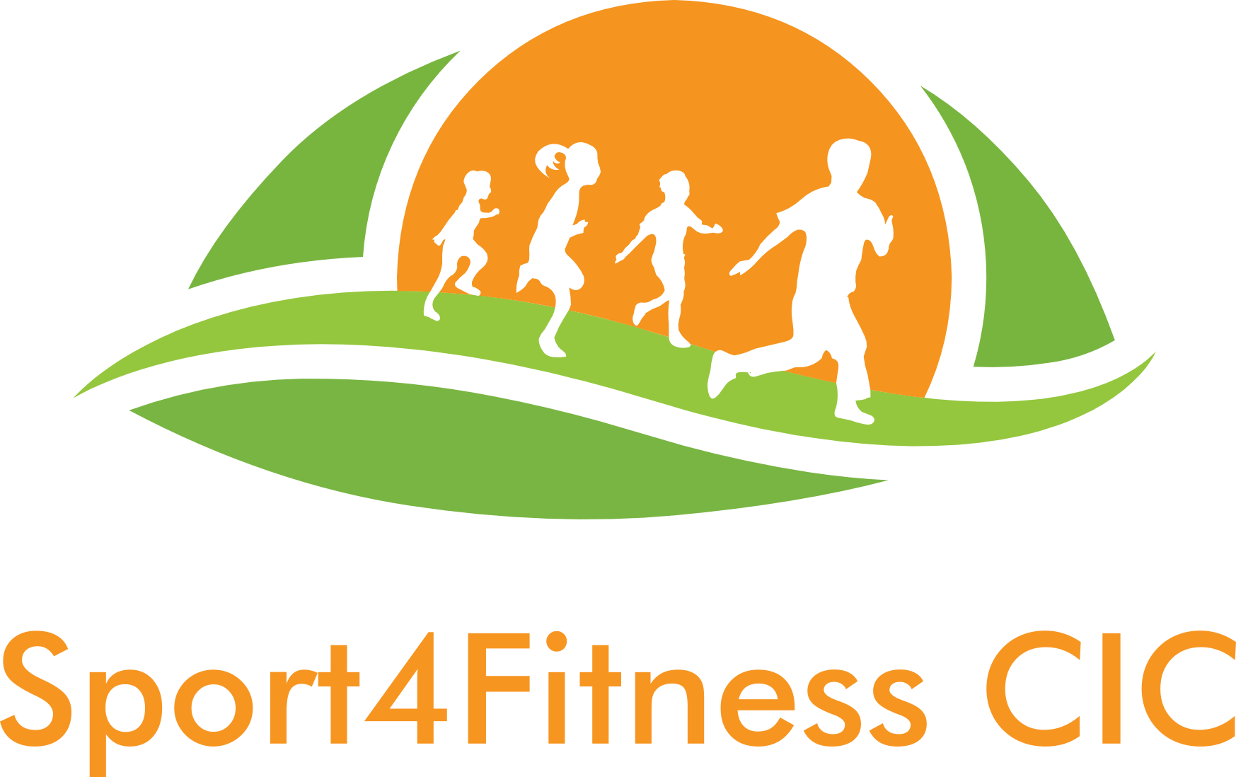 Sport4Fitness CIC Logo showing a family playing in a grass field within a sunset, underneath the image is the text of the name of the company Sport4Fitness CIC 