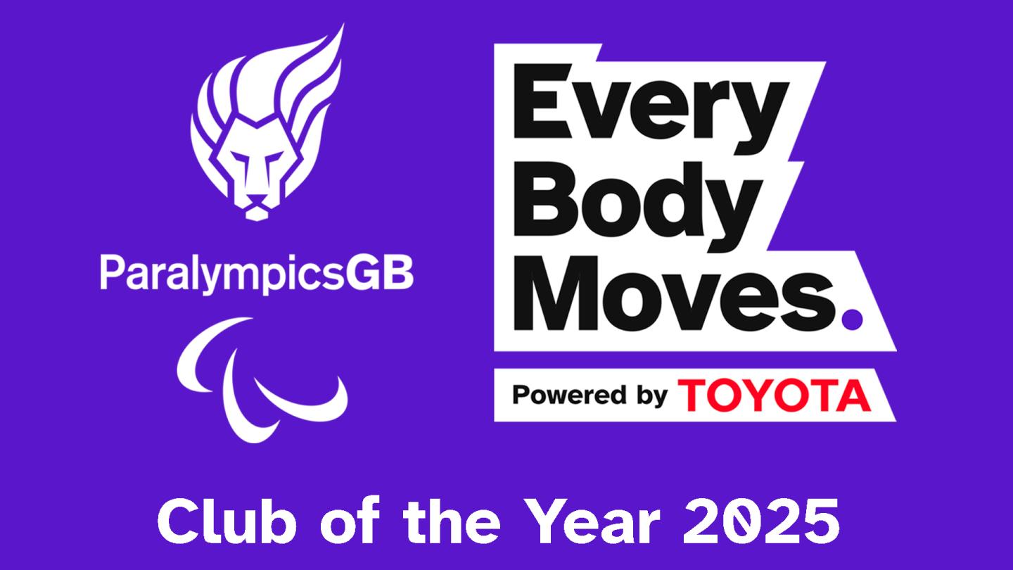 ParalympicsGB lion logo next to Every Body Moves text based logo, on. a purple background. Undernreath text reads Club of the Year 2025