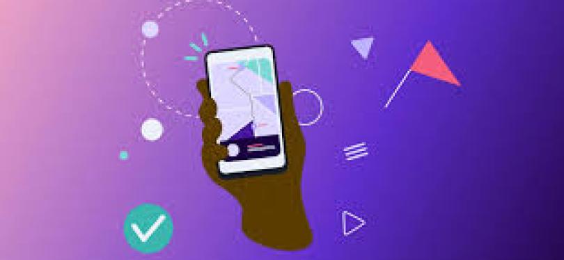 stylised outline image of a hand holding a smart phone, displaying apps