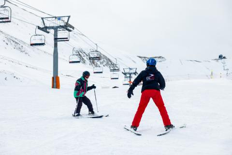 Adaptive skier and their guide on a gentle mountain run