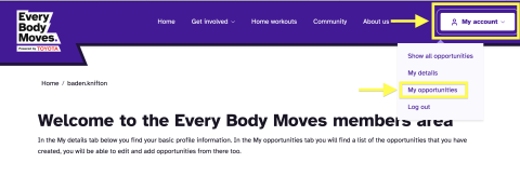 Screen shot showing menu items to find 'my opportunities' on the Every Body Moves platform