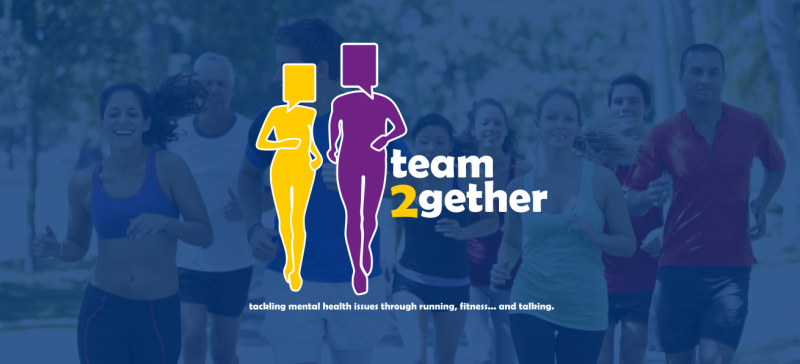 team2gether logo overlay a group of people running