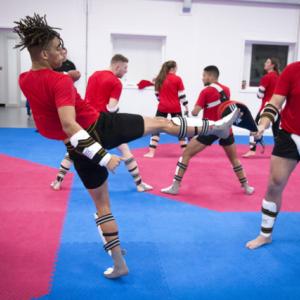 Taekwondo players practise