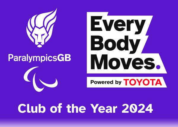 Club of the Year 2024, text based image with ParalympicsGB and Every Body Moves logos on a purple backgroun