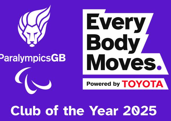 ParalympicsGB lion logo next to Every Body Moves text based logo, on. a purple background. Undernreath text reads Club of the Year 2025